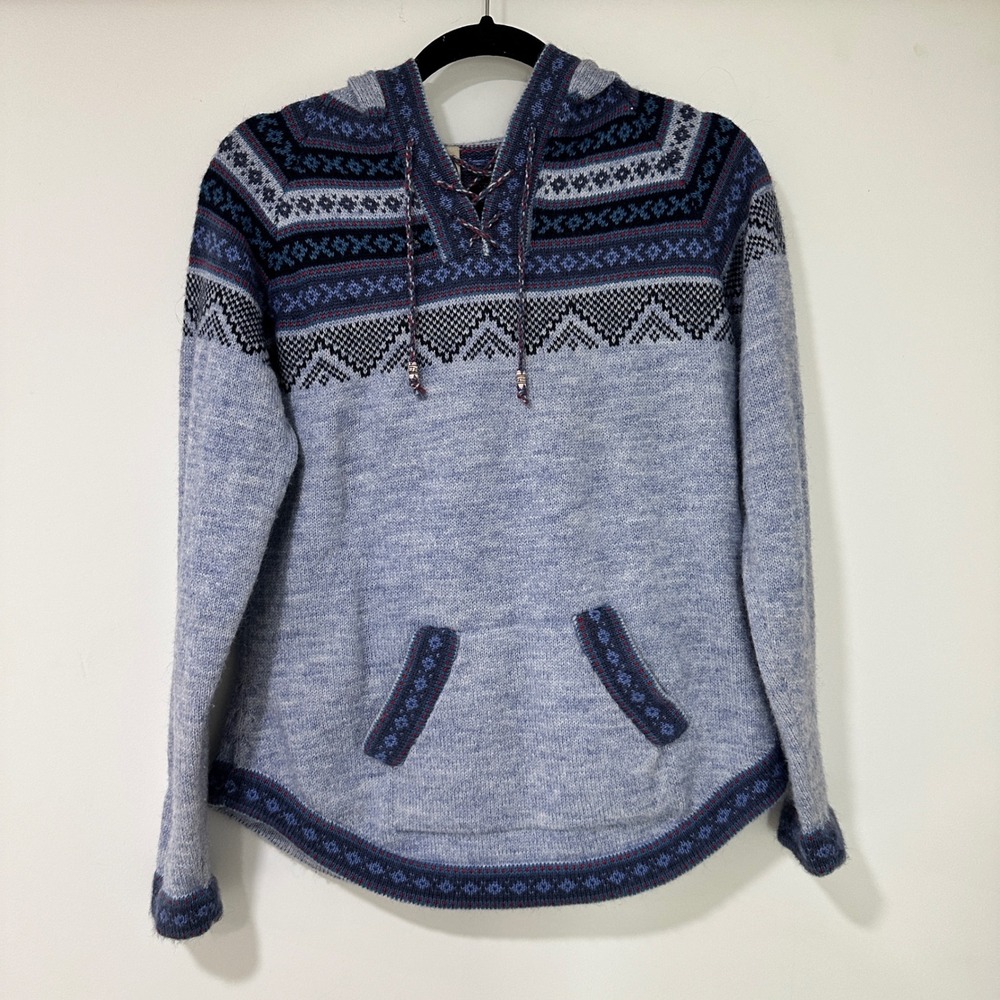 Artesania Fair Isle Knit Hoodie Women‎ Small Blue Alpaca Blend Lace Up | Boho